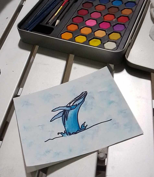 watercolour whale with black outline greeting card